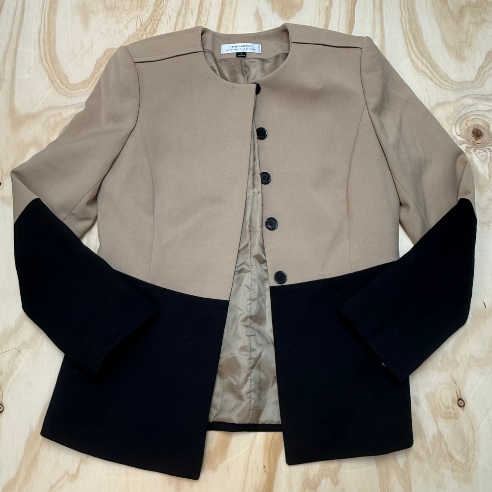 Tahari Arthur S Levine Women 6 Colorblock Blazer Tan Black Collarless Jacket